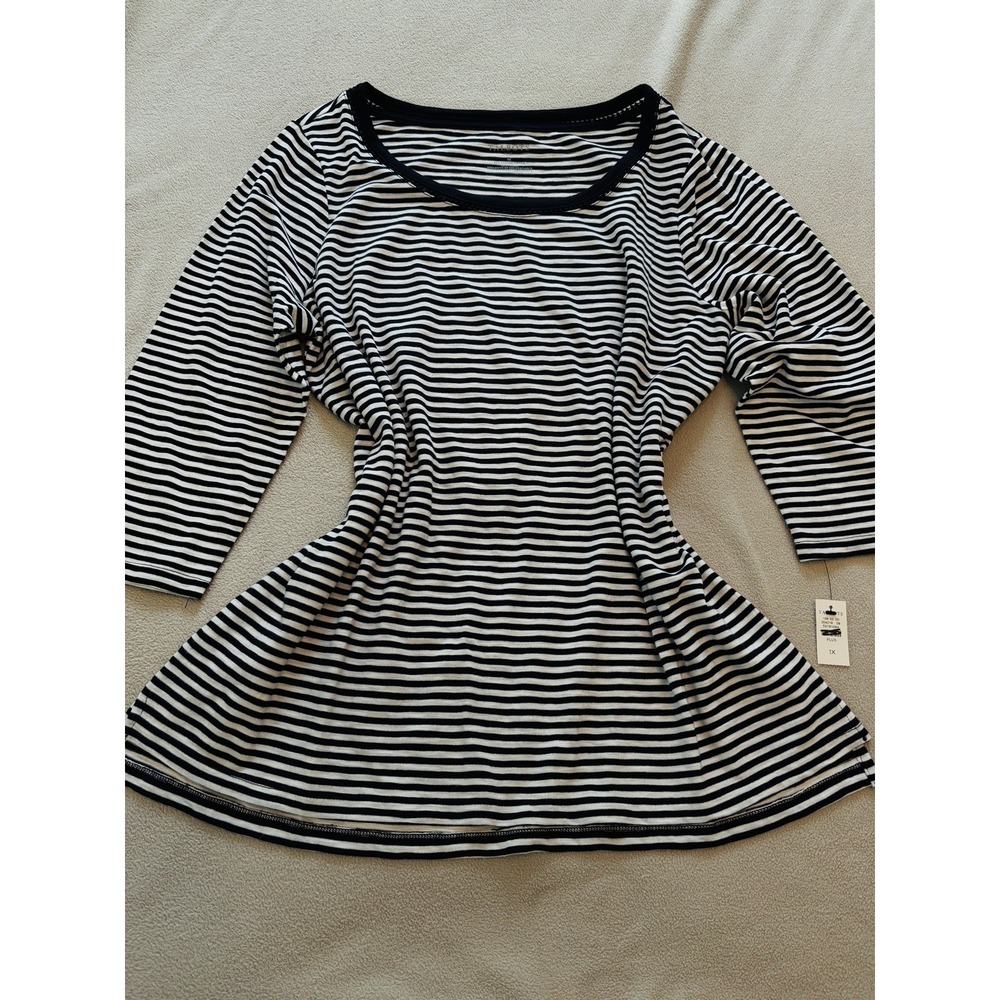 Talbots Top Blouse Black and White Stripe Size 1X Spring Classic 3/4 Sleeve NEW